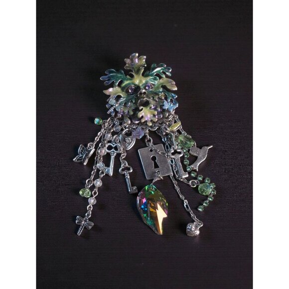Kirk’s Folly Green Man Enamel & Crystal Dangle Brooch –4.6” Woodland Keyhole Cha - Picture 2 of 5
